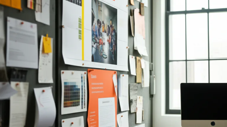 Ambiente corporativo con muestras de danglers impresos en tablero de planeación de campaña junto a muestras de materiales y colores