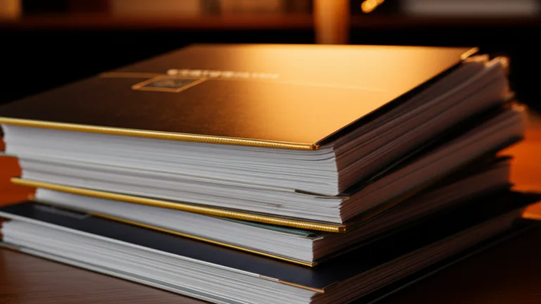 Carpetas y documentos de certificaciones de calidad apilados en escritorio ejecutivo con iluminación cálida de oficina