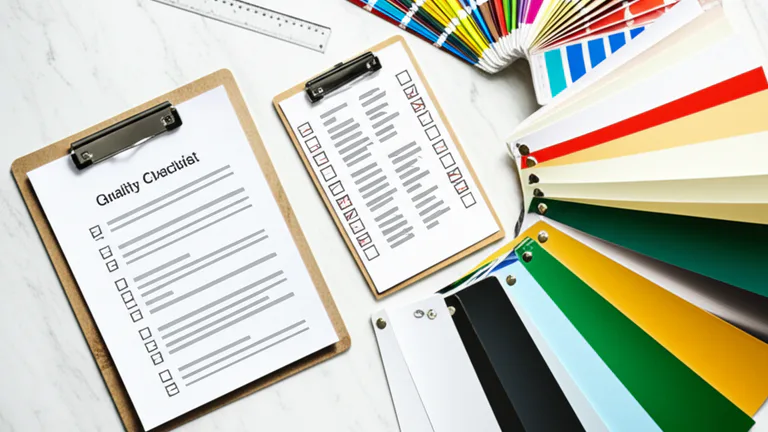Checklist corporativo con muestras de materiales impresos y guía de color Pantone para selección de proveedor POP