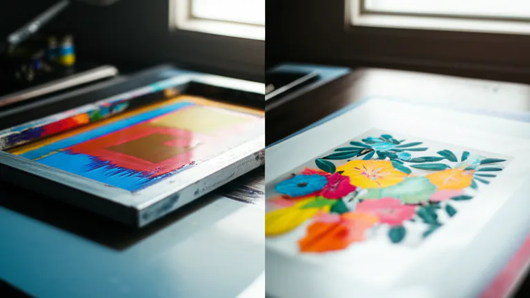 Comparación visual entre marco de serigrafía y lámina DTF sobre mesa de trabajo profesional