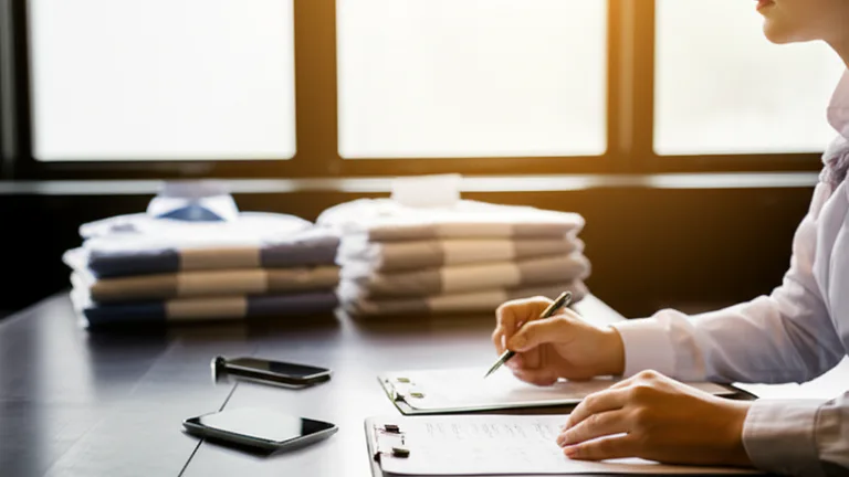 Control de calidad de pedido de serigrafía terminado con prendas empacadas y lista de verificación en ambiente corporativo