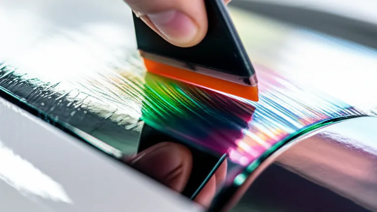 Detalle macro de aplicación de vinil adhesivo sobre superficie de vehículo empresarial