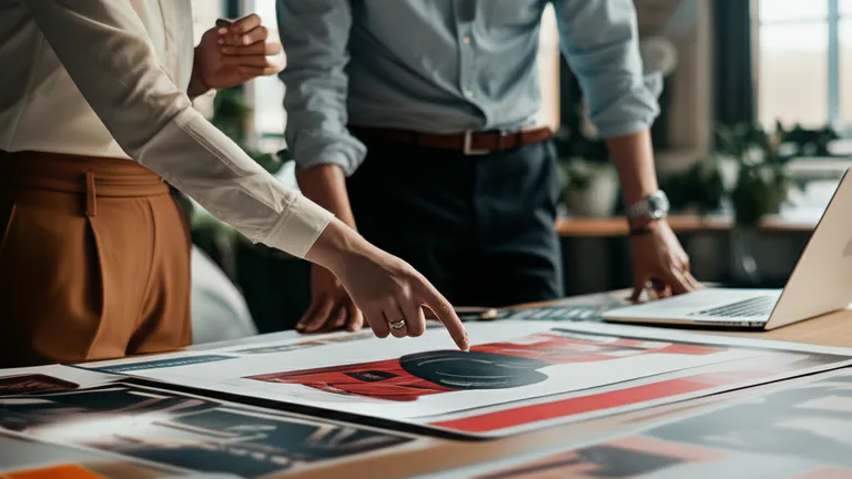 Ejecutivos empresariales revisando diseños de rotulación vehicular en sala de juntas corporativa