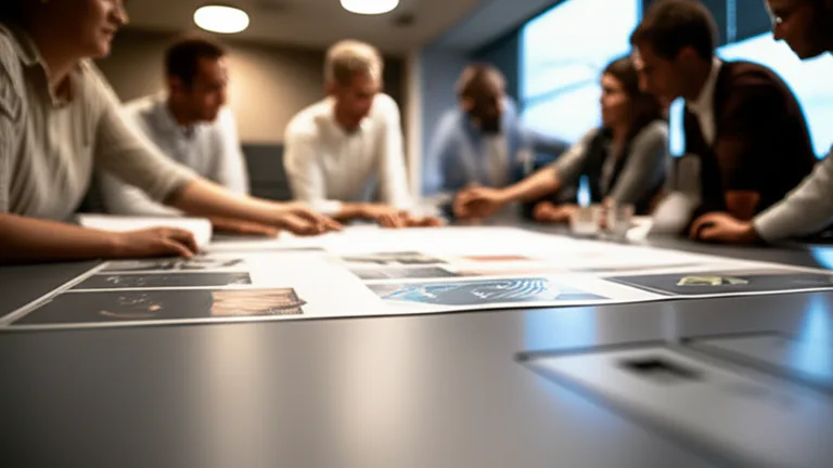 Equipo de marketing revisando pruebas impresas de floor graphics en sala de juntas corporativa