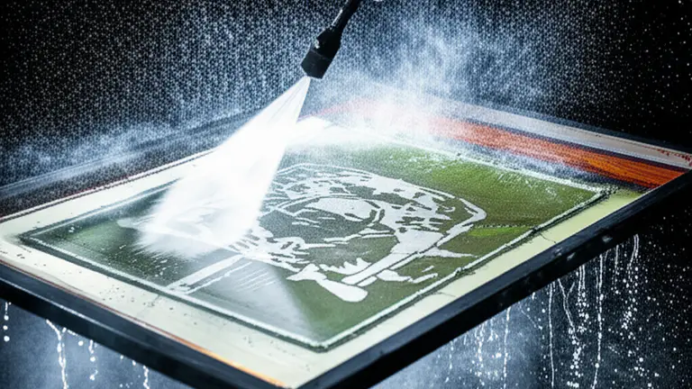 Estación de revelado con chorro de agua exponiendo el stencil sobre pantalla de serigrafía, gotas suspendidas en el aire bajo contraluz dramático