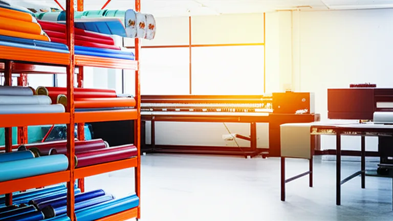 Estudio de producción gráfica industrial con rollos de materiales especializados para señalización exterior