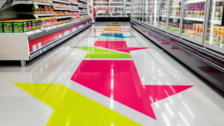 Floor graphics con diseño de flechas guiando al consumidor hacia zona de refrigeración en punto de venta