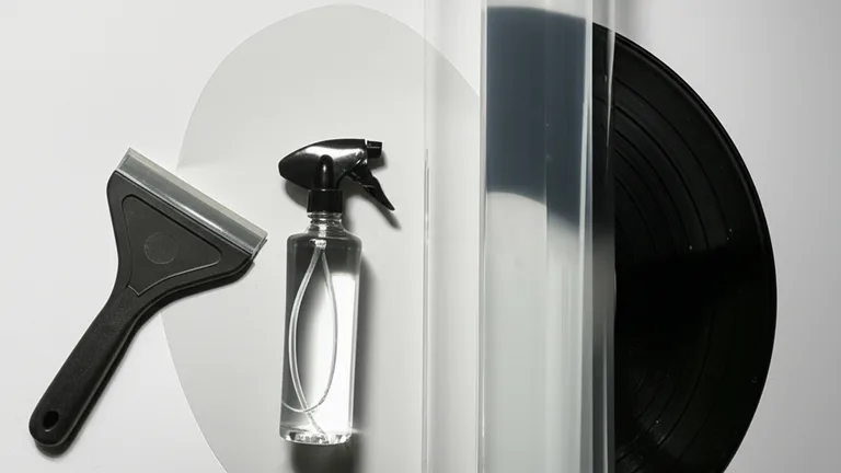 Herramientas para aplicación de vinil estático: espátula, rollo de material y accesorios sobre superficie blanca