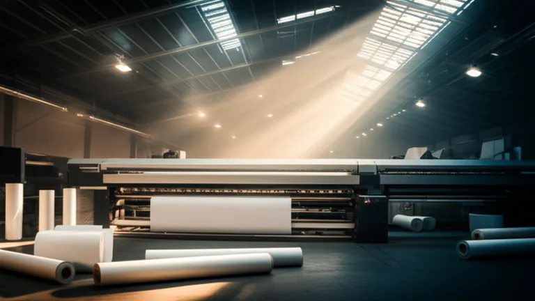 Interior de planta industrial de impresión en gran formato con máquina impresora y rollos de lona vinílica