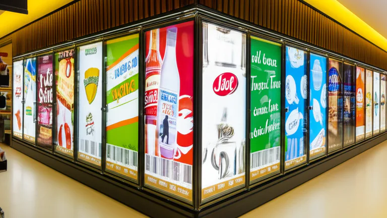 Interior de tienda de conveniencia con refrigeradores completamente rotulados con gráficos de alimentos y bebidas