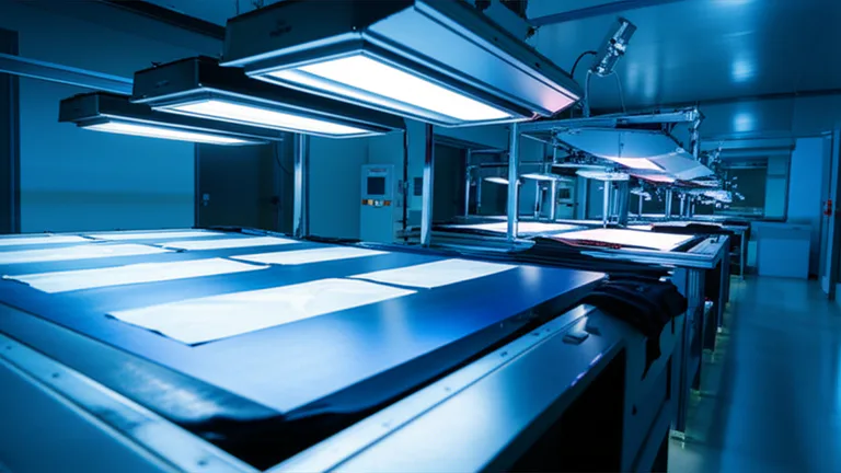 Laboratorio de control de calidad textil con lámparas de inspección UV y muestras de tela