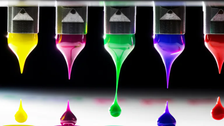 Macro fotografía de cabezal de inyección de tinta depositando gotas CMYK sobre sustrato de PVC blanco