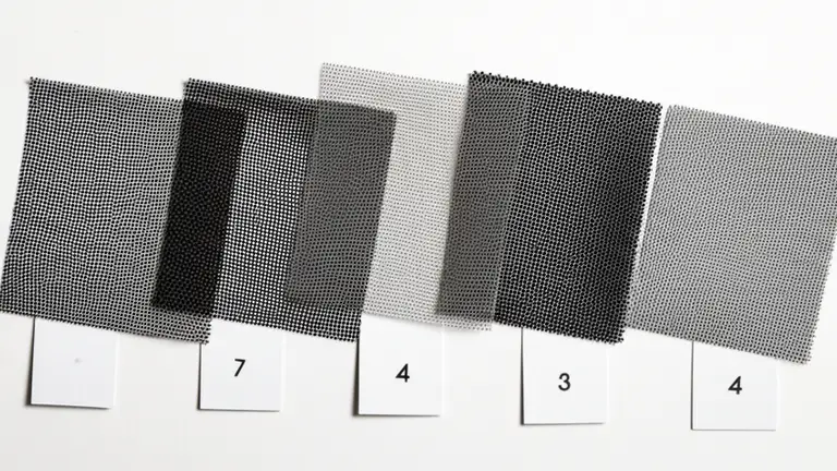 Comparativa de tipos de malla serigráfica con diferentes densidades de hilos sobre superficie blanca