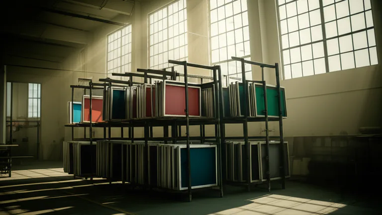 Bastidores de serigrafía industrial apilados en instalaciones de producción con luz dramática