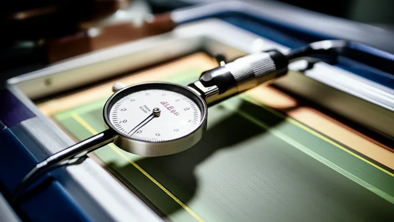 Tensómetro midiendo la tensión de una malla serigráfica tensada en bastidor de aluminio