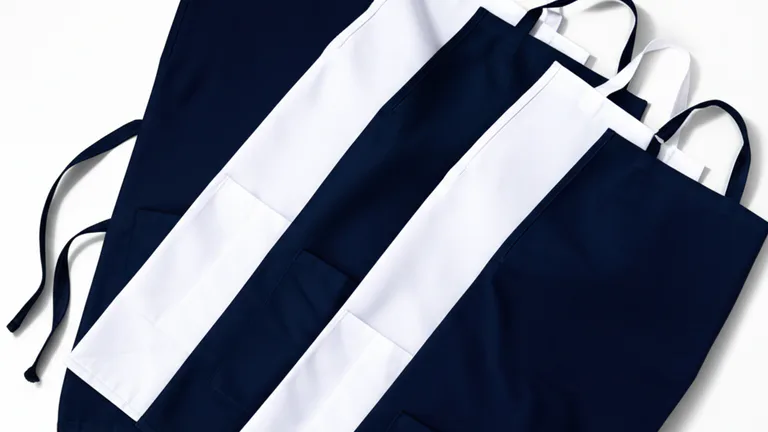 Mandiles corporativos personalizados extendidos sobre superficie blanca mostrando calidad de tela y acabado