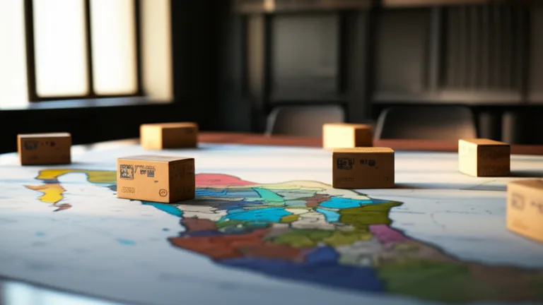 Mapa de México sobre mesa de conferencias con cajas de pedidos distribuidos en distintas regiones, representando logística nacional