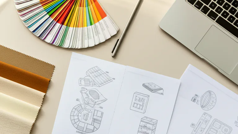 Mesa de trabajo de gerente de marketing con guías Pantone, muestras de tela y especificaciones de arte para cotización de serigrafía