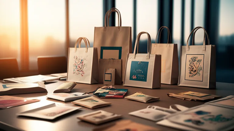 Muestras de empaque y bolsas promocionales serigrafíadas sobre mesa de sala de juntas corporativa
