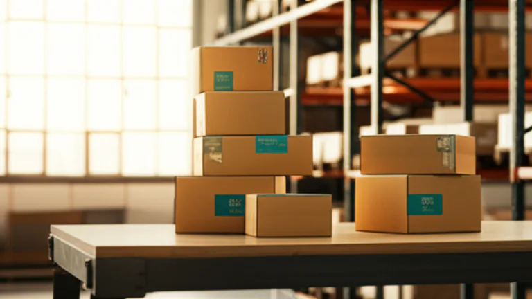 Oficina corporativa con cajas de artículos promocionales listos para distribución empresarial en gran volumen