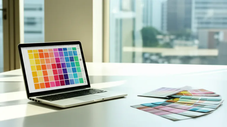 Oficina corporativa moderna con laptop mostrando muestras de color digitales junto a muestras físicas impresas, representando el proceso de aprobación de arte remoto