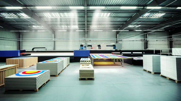 Planta de producción industrial con impresora UV de gran formato fabricando paneles para displays POP