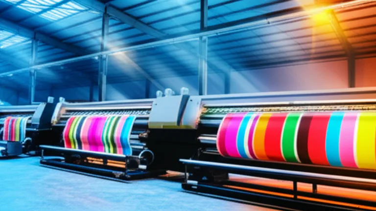 Planta de producción industrial con máquinas de impresión en gran formato produciendo banners y vinilos para cadenas de retail