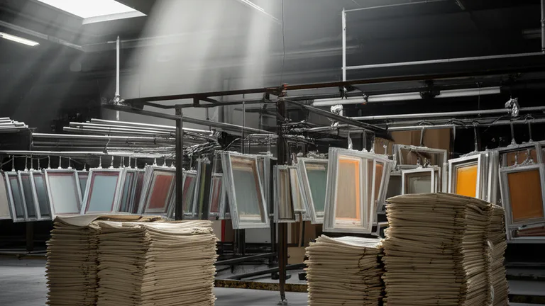 Planta de producción industrial de serigrafía con marcos de aluminio y pallets de bolsas de tela listas para impresión