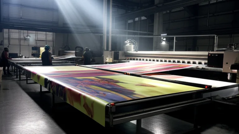 Planta industrial de gran formato produciendo banners de vinil de gran tamaño en línea de producción profesional