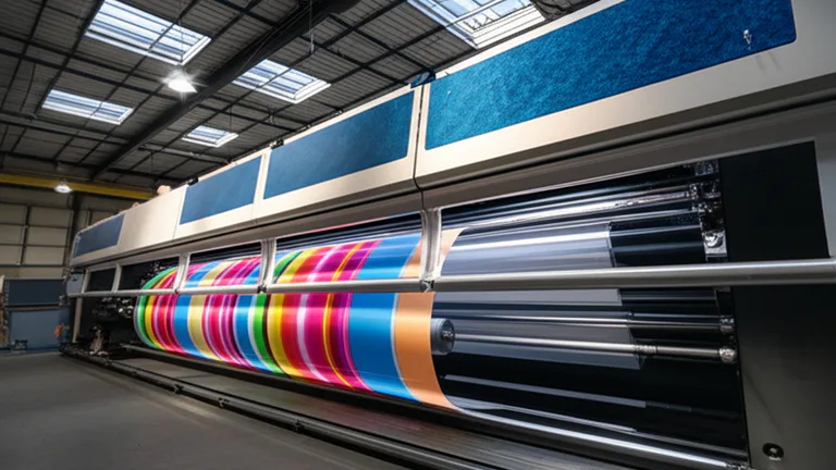 Planta industrial de impresión en gran formato produciendo roll ups para eventos empresariales