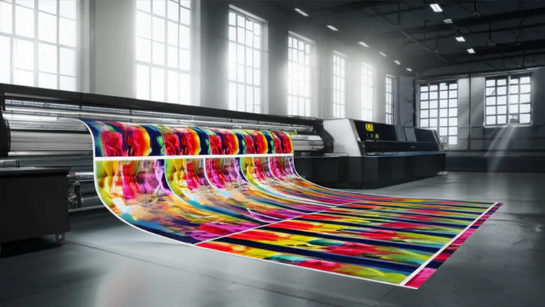 Planta industrial de impresión en gran formato produciendo rollos de floor graphics con maquinaria especializada