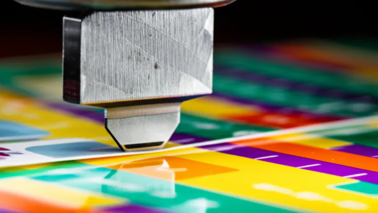 Primer plano extremo del proceso de troquelado sobre lámina de PVC de colores, mostrando precisión industrial del corte