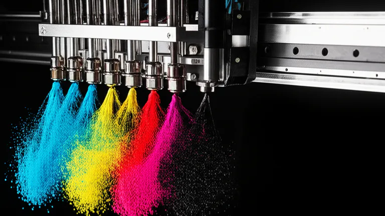 Primer plano macro del cabezal de impresión ecosolvente con gotas de tinta CMYK en el aire sobre sustrato de lona