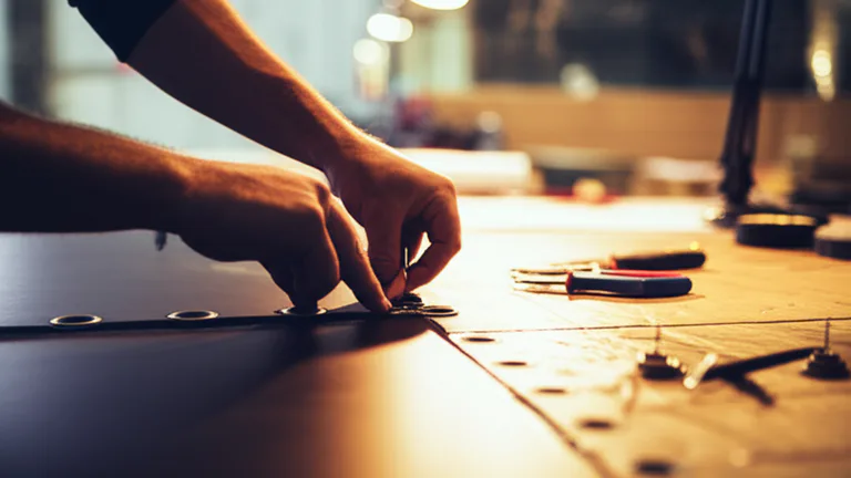Proceso de acabado con colocación de ojillos metálicos en borde de lona vinílica para espectacular exterior