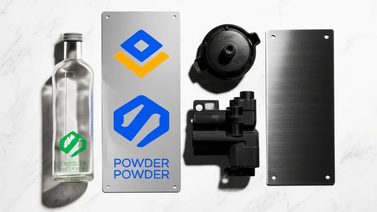 Productos industriales serigrafiados sobre mármol blanco: panel metálico, botella de vidrio, componente automotriz y lámina de acero