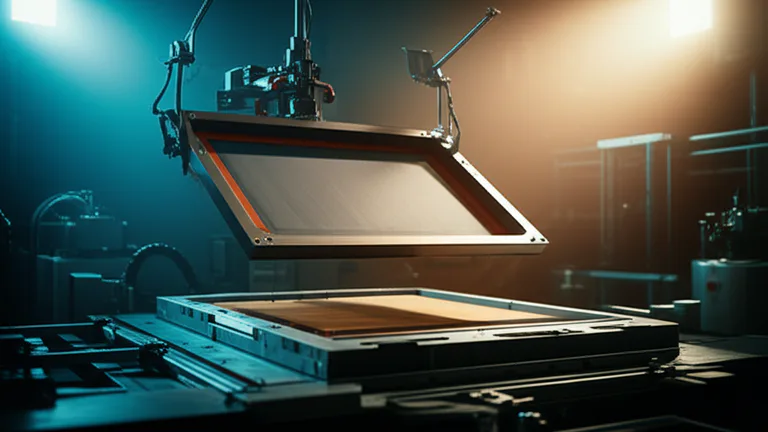 Área industrial de preparación de pantallas serigráficas con bastidor de malla sobre sustrato rígido en jig de registro