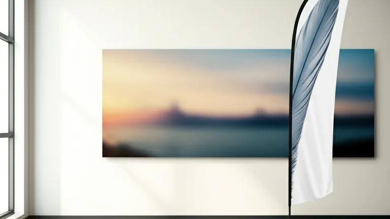 Showroom corporativo moderno con un banner tipo pluma y un banner horizontal de vinil exhibidos bajo luz natural