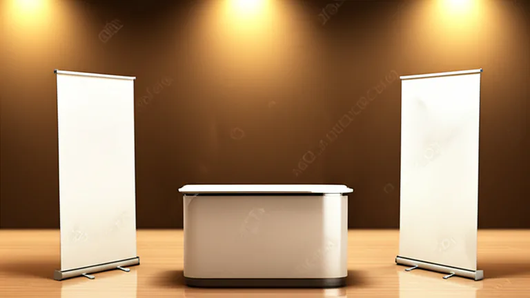 Stand corporativo con roll ups publicitarios premium en exposición empresarial B2B