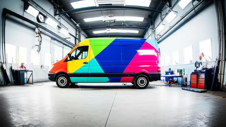 Taller de rotulación vehicular con van comercial recibiendo wrap total de vinil en instalación industrial