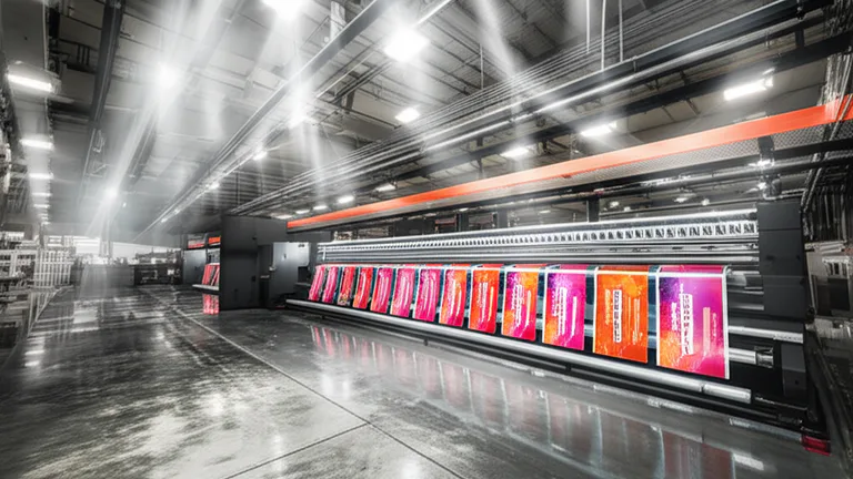 Vista amplia de instalación industrial con máquinas de impresión UV produciendo hojas de danglers en gran formato con iluminación dramática