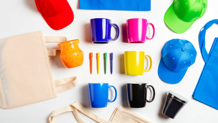 Vista cenital de artículos promocionales variados: tazas, bolsas, gorras y plumas con impresiones de colores sólidos