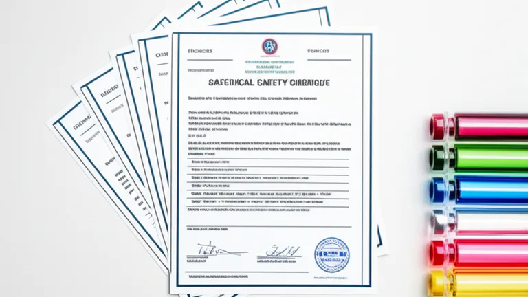 Vista cenital de documentos de certificación química junto a muestras de tinta textil