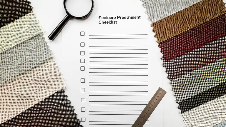 Vista cenital de herramientas de evaluación de proveedores con muestras de malla y paletas Pantone para serigrafía