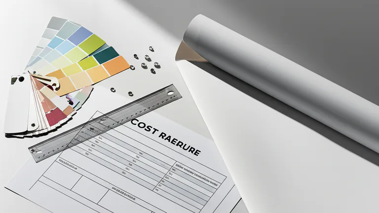 Vista cenital de materiales de presupuesto y cotización para impresión en lona con muestras de color CMYK