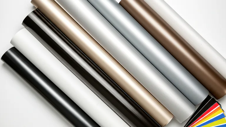 Vista cenital de rollos de lona vinílica con diferentes acabados mate y brillante para impresión de pendones publicitarios