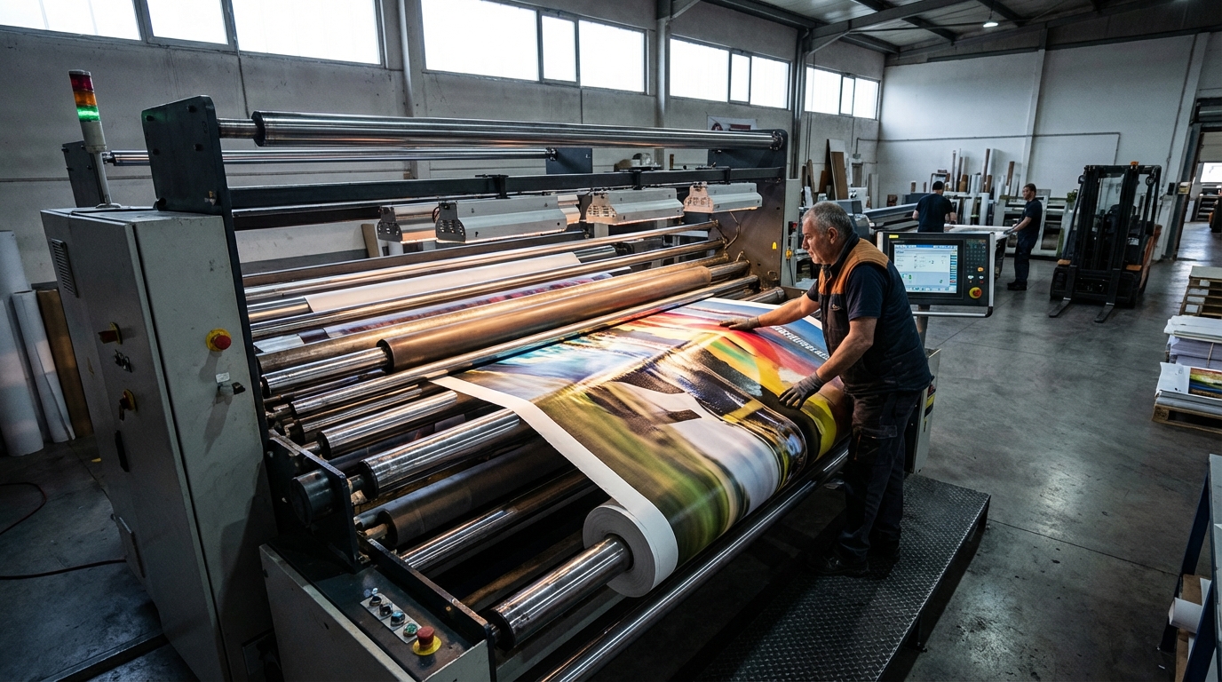 Impresora produciendo material de gran formato