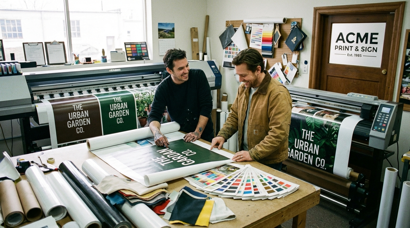 Técnico revisando banner impreso