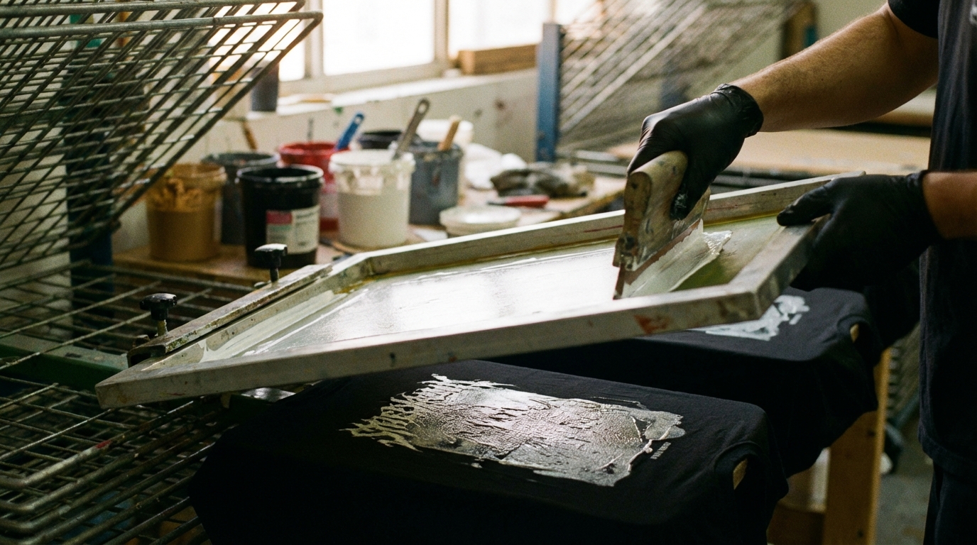 Técnico aplicando tinta en marco de serigrafía