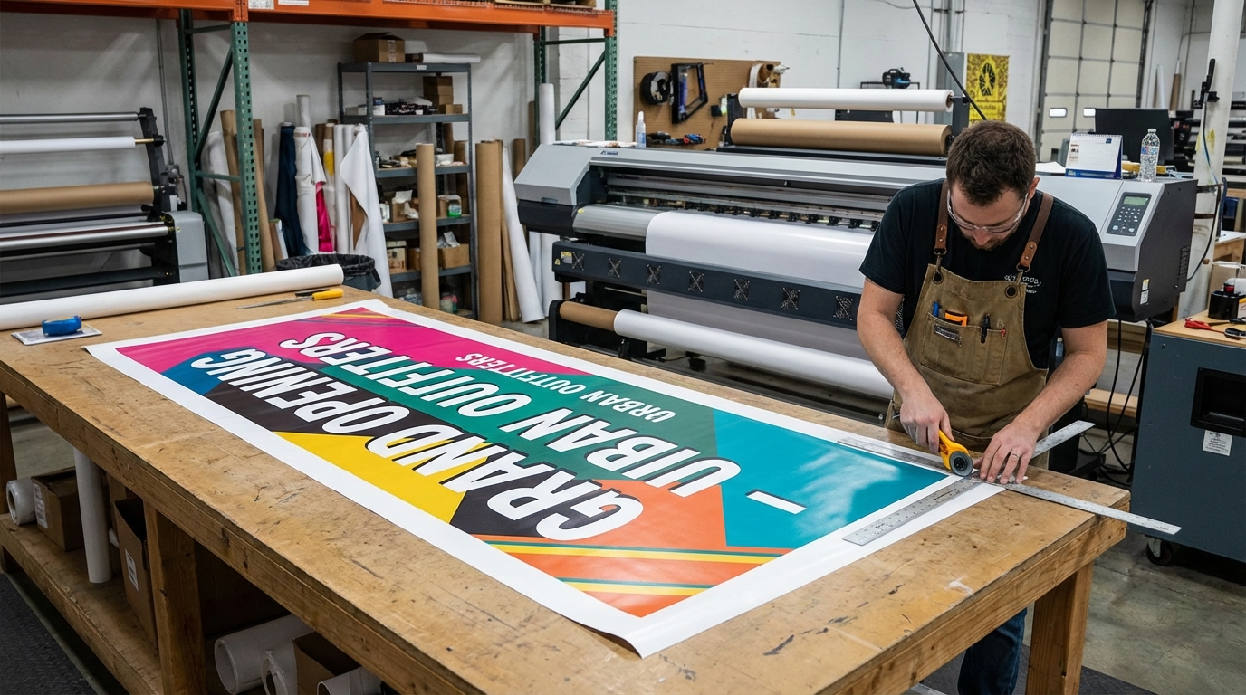 Técnico cortando banner publicitario