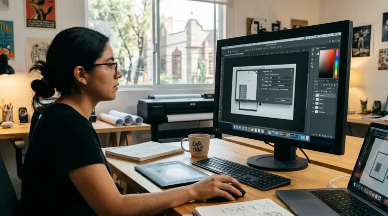 Diseñador gráfico preparando archivos para impresión con marcas de sangrado en Adobe Illustrator
